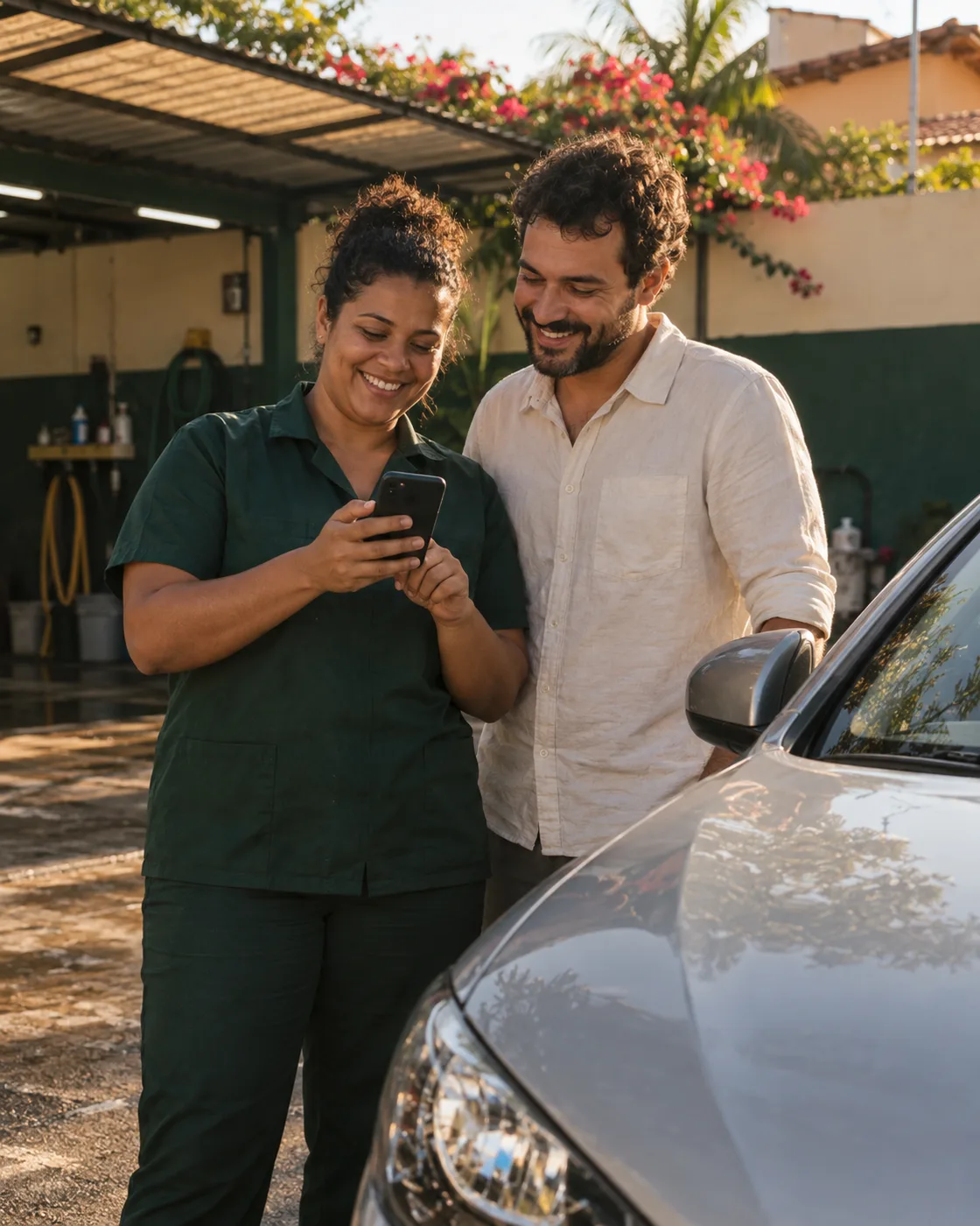 Cena ilustrativa de uma atendente e um motorista conversando ao lado de um carro e olhando um celular.
